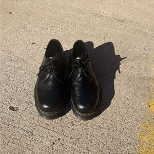 Dr. Martens Black Leather Oxfords with Yellow Stitching